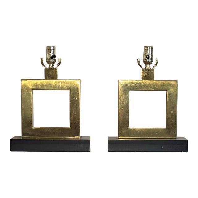 Mid Century Modern Hollywood Regency Square Brass Table Lamps, a Pair For Sale