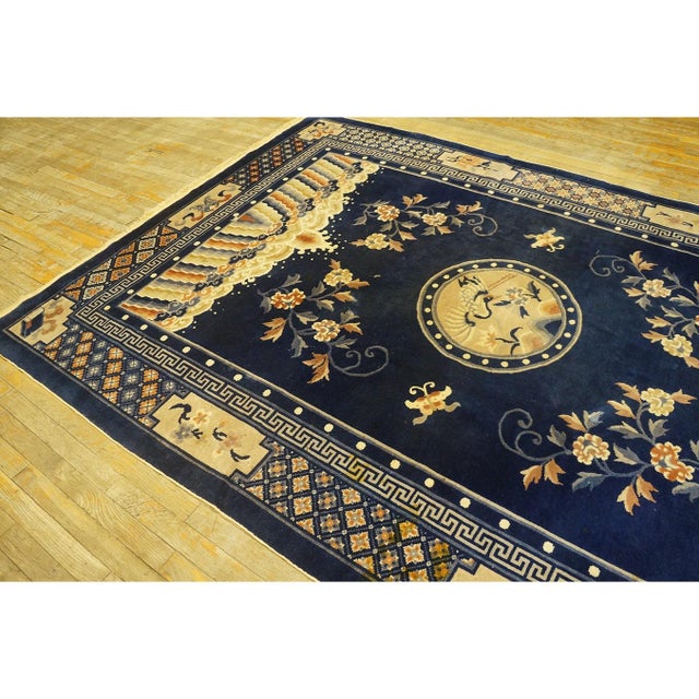 1920s Navy Blue Birds Medallion Antique Chinese Peking Carpet Knotted Wool Rug For Sale - Image 4 of 11