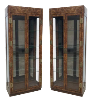 Vintage Burled Walnut Wood and Brass Vitrine or Display Cabinets - A Pair