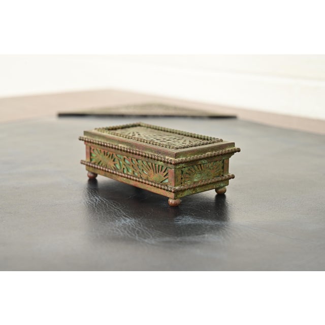 Art Deco Tiffany Studios New York Pine Needle Pattern Bronze and Favrile Slag Glass Stamp Box For Sale - Image 3 of 12