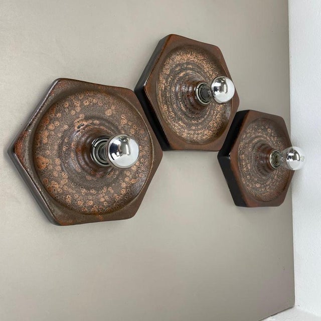 Brown Ceramic Sputnik Wall Lights from Pan Keramik, Germany, 1970s, Set of 3 For Sale - Image 16 of 18