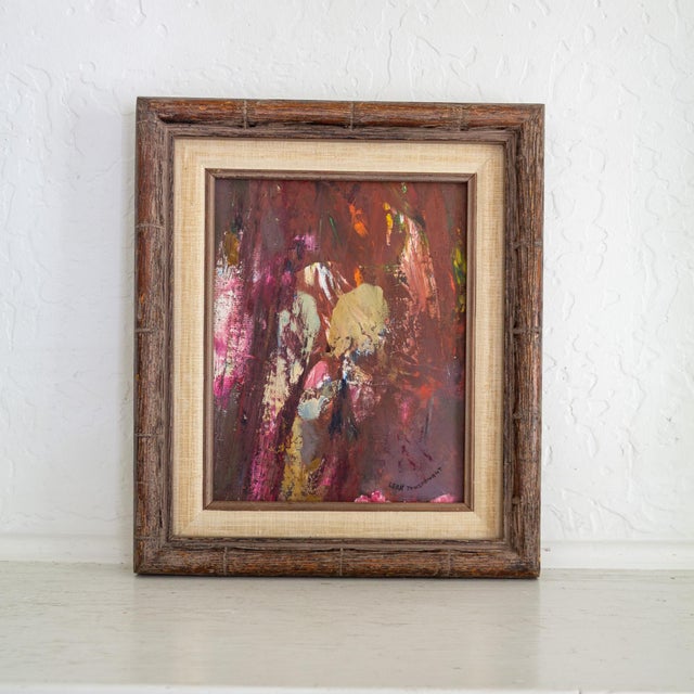 Mid 20th Century Signed Purple Pink Mauve Abstract Polychrome Painting in Faux Bamboo Frame For Sale - Image 5 of 10