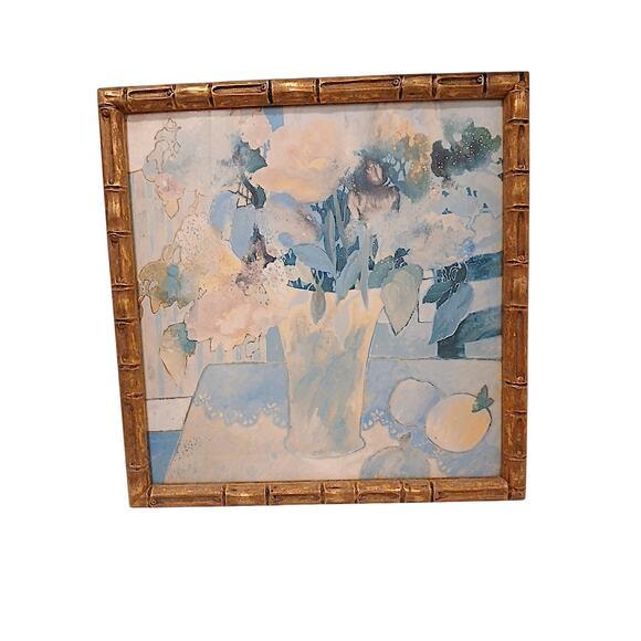1950s Watercolor Painting Abstract Lt Blue Floral Wood Bamboo Frame Hollywood Regency For Sale - Image 9 of 14