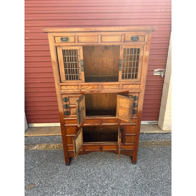 Vintage Korean-Style Wooden Storage Tansu Cabinet With Lattice Doors & Iron Hardware For Sale In Philadelphia - Image 6 of 12