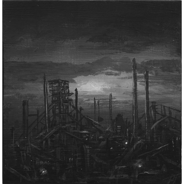 Vitkovice by Todd Carpenter | Acrylic on Board Industrial landscape with structures and cloudy sky. For Sale