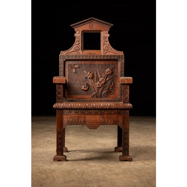 Victorian 1880 Victorian Carved Mahogany Open-Back Monogram Armchair For Sale - Image 3 of 15