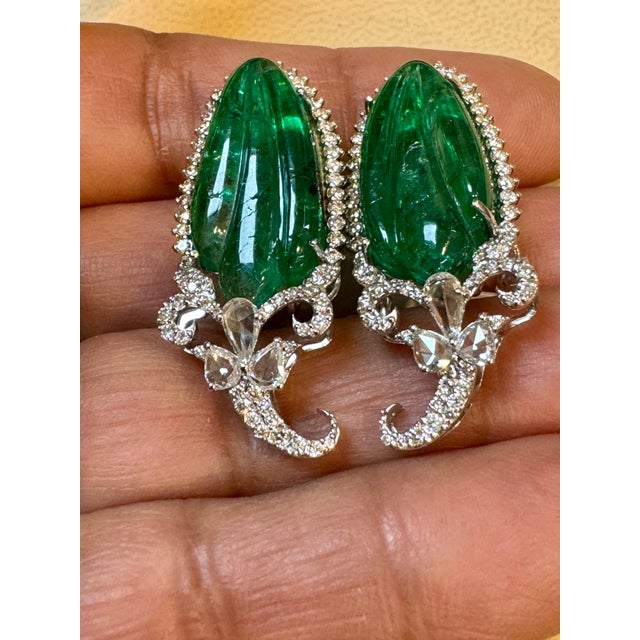 Gemstone 22 Ct Carved Emerald & 2 Ct Diamond Earrings 18 Karat White Gold Post Earrings For Sale - Image 7 of 8