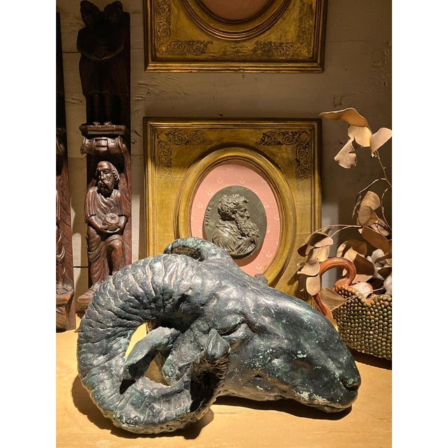 Green Vintage Patinated Plaster Rams Head Sculpture in the Neoclassical Taste For Sale - Image 8 of 11