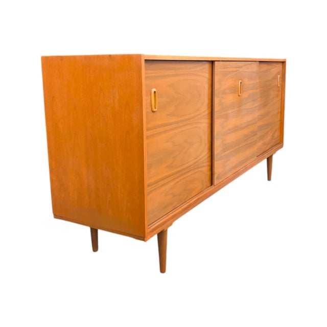 Danish Modern Scandinavian Walnut Credenza – Sliding Doors, Recessed Pulls, Restored For Sale - Image 13 of 14
