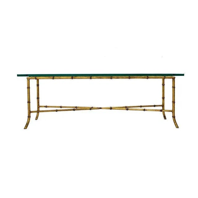 Mid Century Modern X Base Rectangular Gilt Faux Bamboo Glass Top Coffee Table For Sale - Image 6 of 11