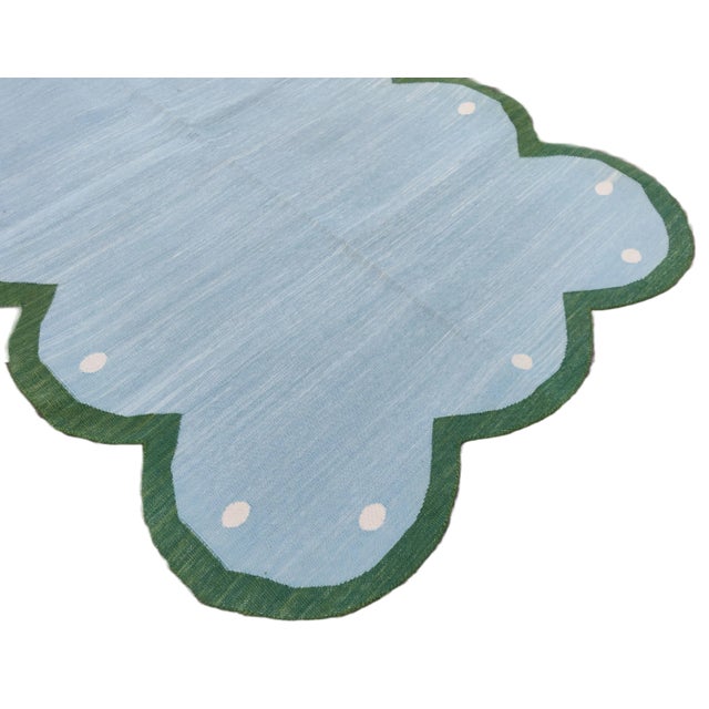 Handmade Cotton Scalloped Rug Reversible Sky Blue and Forest Green Dhurrie-5'x7' For Sale - Image 6 of 10