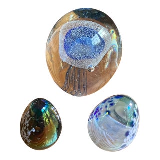 Trio of Blue Glass Vintage Paperweights For Sale