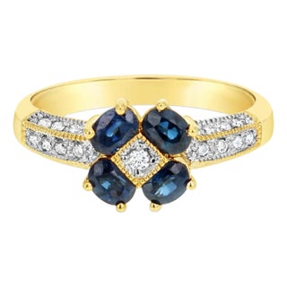 Diamond & Sapphire Flower Ring .85cttw 14K Yellow Gold, Size 6 For Sale