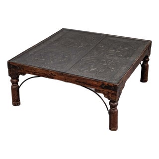Indian Carved Teak & Iron Coffee Table With Glass Top For Sale