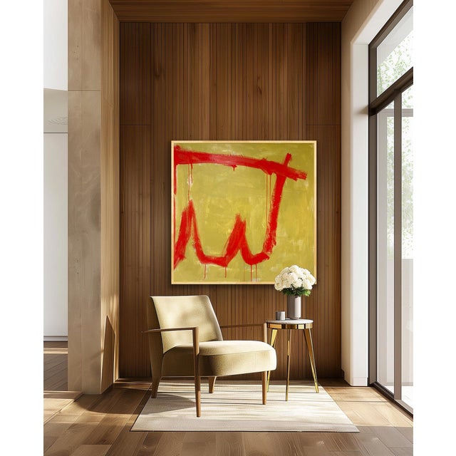 Acrylic on canvas, 36 x 36 x 1.5. Edges painted the same Chartreuse-y green as the backround. Back wired, ready to hang....