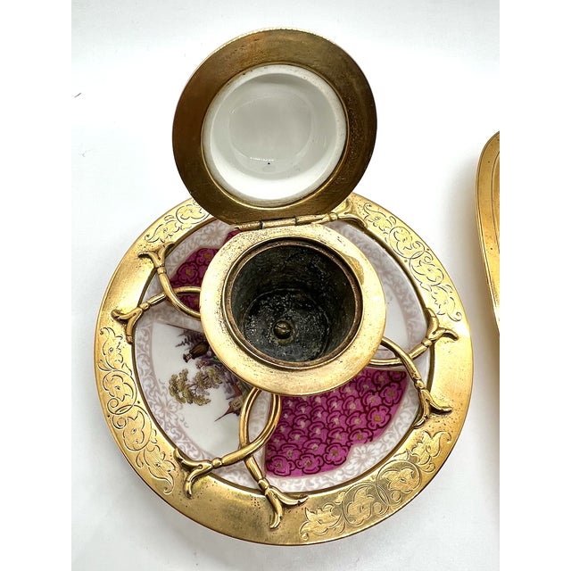 Antique Paris Porcelain Inkwell and Pen Tray with Watteau Scenes and Gilt Brass, 19th Century, Set of 2 For Sale - Image 9 of 15