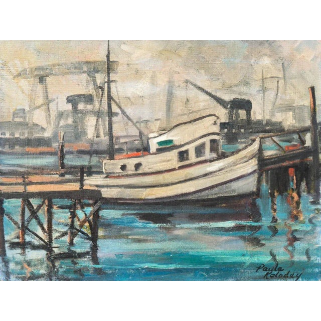 Off-white 'Industrial Harbor' by Paula Koloday; 1965, California Modernist Oil For Sale - Image 8 of 8