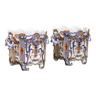 Pair 19th Century French Rouen Faience Cachepots With Applied Masks For Sale