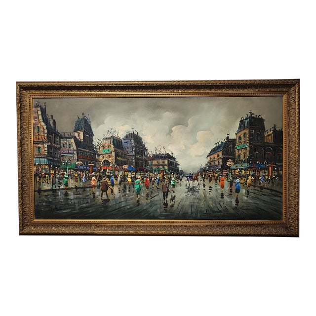 Mid Century Impressionist Paris Street Scene Cityscape Oil Painting Signed Ornate Frame For Sale