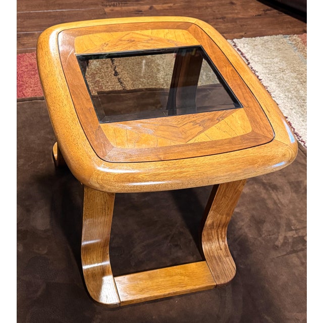 Mid-Century Modern 70's MCM Mersman Oak Smoked Glass End Table For Sale - Image 3 of 14