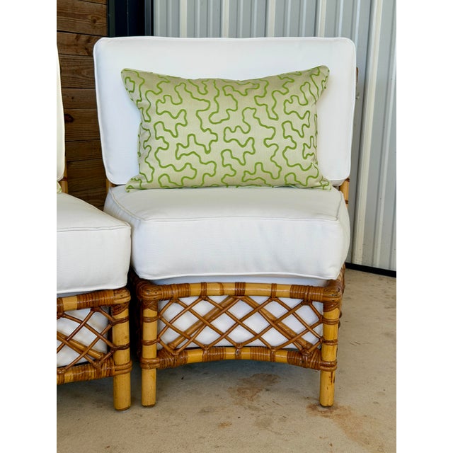 Wood Mid-Century Rattan Three-Piece Curved Sectional Sofa With New Sunbrella For Sale - Image 7 of 12