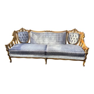 1960’s Mid Century Vintage Velvet Sofa With Detailed Carved Wood For Sale