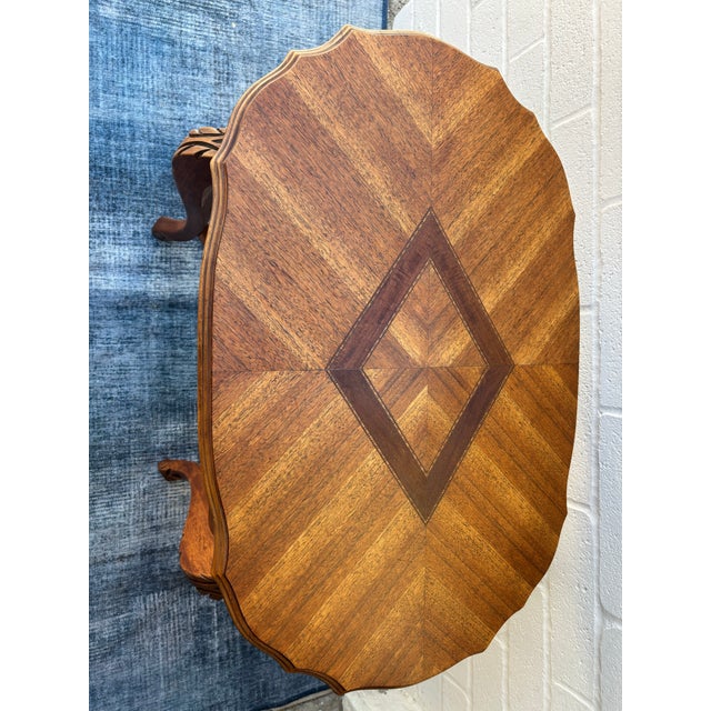 Antique Carved Walnut Accent Table / Side End Table. Featuring Wavy, Marquetry Inlaid Top and Cabroile Legs For Sale - Image 4 of 9