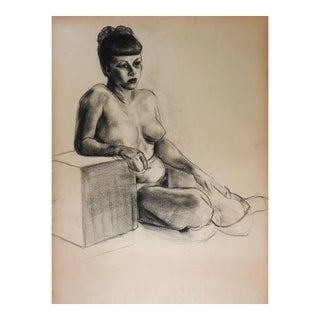 Vintage 1950s Charcoal Seated Nude Female Figure Study Drawing For Sale