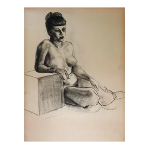 Vintage 1950s Charcoal Seated Nude Female Figure Study Drawing