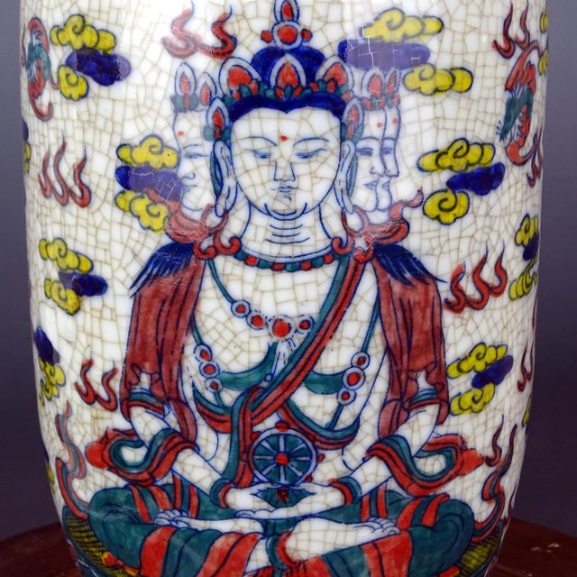 Chinese Vintage Ceramic Vase,Qing Dynasty Kangxi Marked Blue and White Famille Verter Porcelain Mallet-Shaped Vase Hand Painted Buddha Pattern For Sale In Seattle - Image 6 of 9