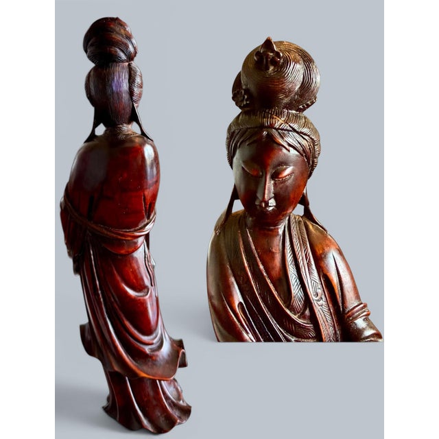 Late 20th Century Late 20th Century Hand Carved Chinese Guanyin & Scholar Figures Pair-Rosewood-Asian-Sculpture-Kwan For Sale - Image 5 of 11