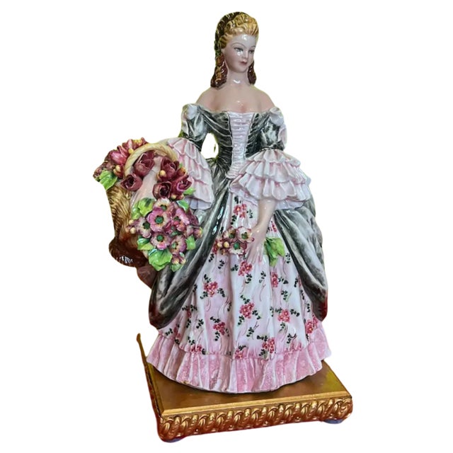 1930's Capodimonte Carlo Mollica Porcelain Table Lamp Lady With Flowers For Sale - Image 9 of 13