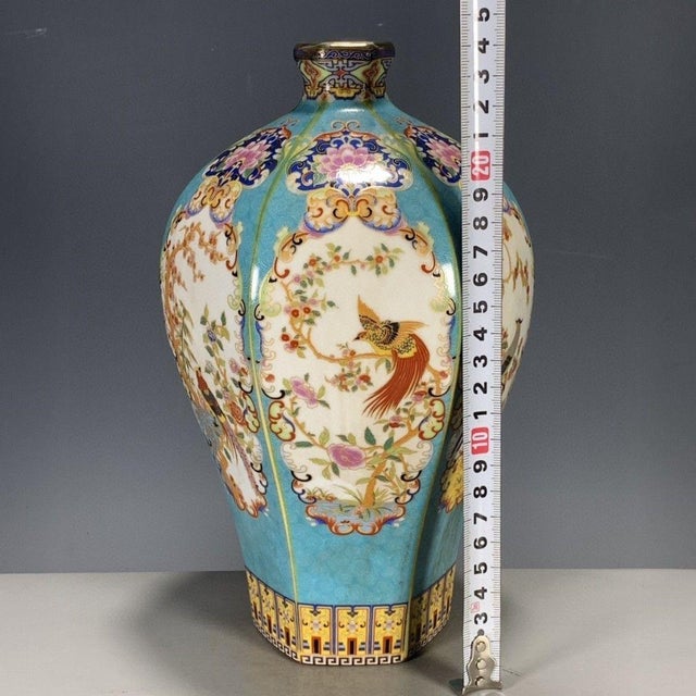 Chinese Vintage Chinese Turquoise Famille Rose "Pheasant" Faceted Vase With c.t. Loo Provenance, 1956 For Sale - Image 3 of 10