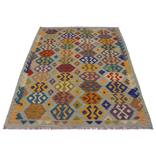 2000 - 2009 Bohemian Tribal Kilim Hand-Woven Wool Rug - 5′3″ × 6′5″ For Sale - Image 5 of 8