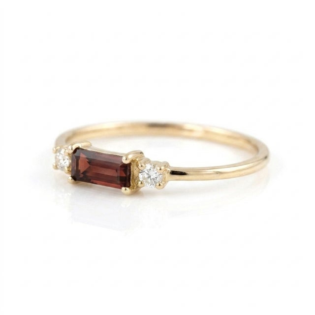 Not Yet Made - Made To Order Minimalist Baguette Cut Garnet Three-Stone Ring – Wedding Engagement Ring Us 7 For Sale - Image 5 of 7