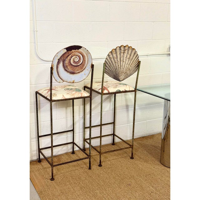 Metal Vintage Artisan Sculptural Twisted Wrought Iron Verdigris Shell Bar Stools For Sale - Image 7 of 10