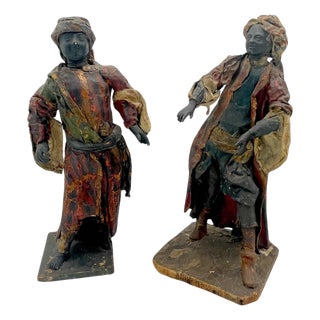 Pair of 18th C. Italian Baroque Neapolitan Crèche Leather Figures of Merchants For Sale