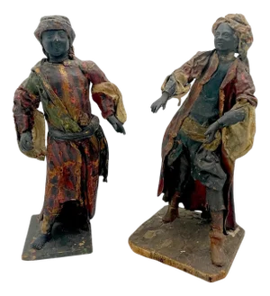 Pair of 18th C. Italian Baroque Neapolitan Crèche Leather Figures of Merchants