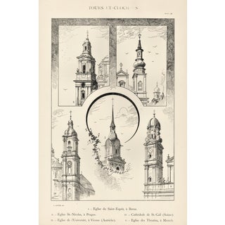 Large C1880s French Architecture Lithograph of Towers & Clock Towers For Sale