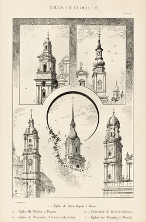 Large C1880s French Architecture Lithograph of Towers & Clock Towers