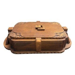1930s Art Deco Hand-Carved Oak, Maple Wood and Brass Huge French Box For Sale