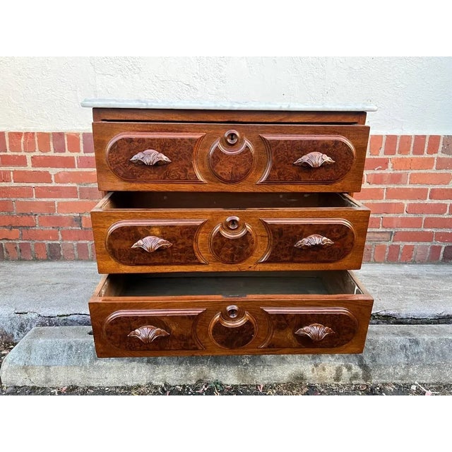 Brown 19th Century Walnut Inlaid Burlwood Marble Top Dresser For Sale - Image 8 of 13
