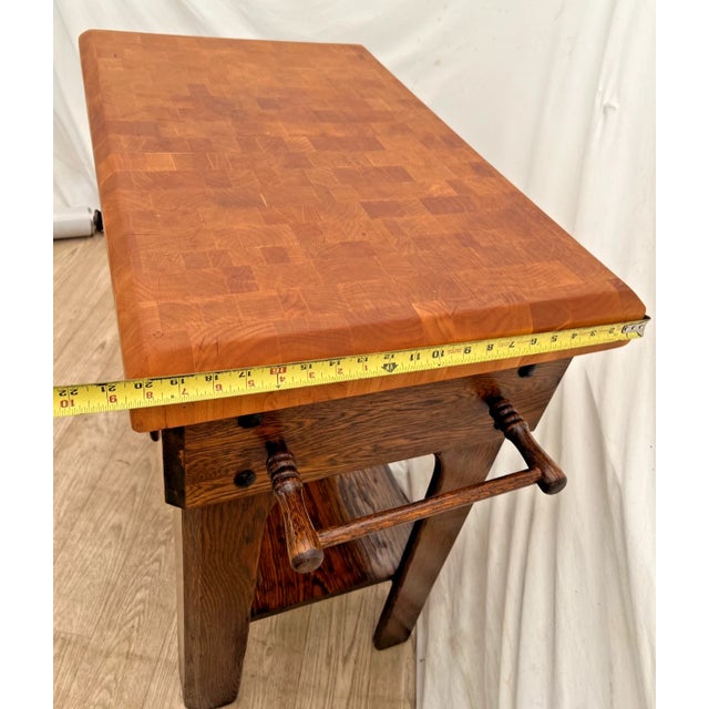 Vintage Butcher Block Carving Table Oak Base With Drawer Shelf End Cut Maple Top For Sale - Image 14 of 15