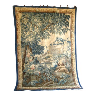 French Aubusson Signed Verdure Dog Hunting a Duck Red Flowers Borders Circa 1700 Hundreds For Sale