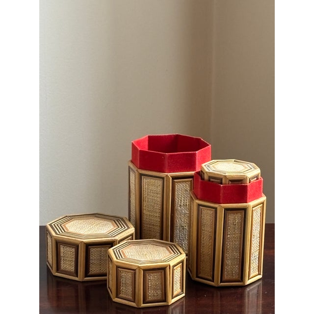 1960s Bamboo & Rattan Octagonal Nesting Boxes — Set of 3 For Sale In Baltimore - Image 6 of 17