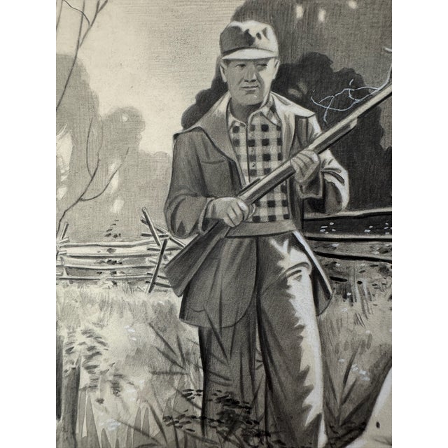 Illustration 1940s Original Signed Graphite Illustration of Bird Dog and Hunter in Forest, 13.25 In. H × 11 In. W For Sale - Image 3 of 7