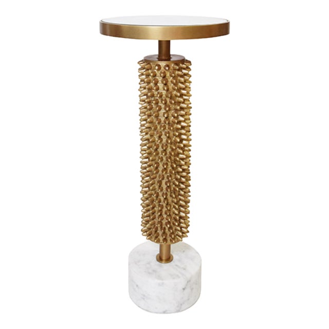 Matthew Izzo Home Talia Urchin Textured Round Pedestal Side Table With Marble Base and Inset Mirror Top For Sale