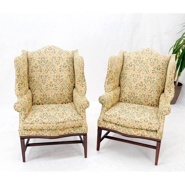 Pair of Deep Profile Antique Wing Arm Chairs Mahogany Legs Federal Style For Sale - Image 10 of 18