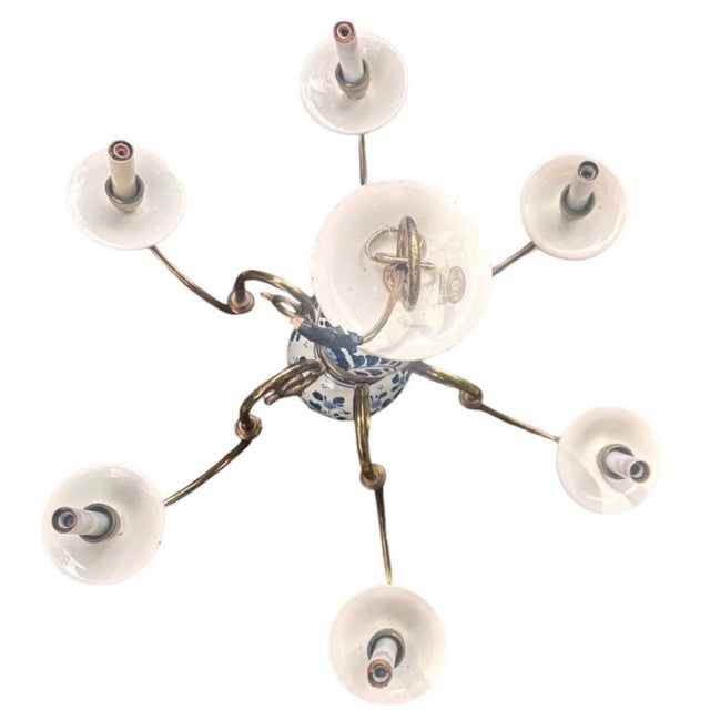 Mid 20th Century Delft Blue & White Porcelain Floral Hanging Chandelier Light Fixture 6 Arm For Sale In West Palm - Image 6 of 10