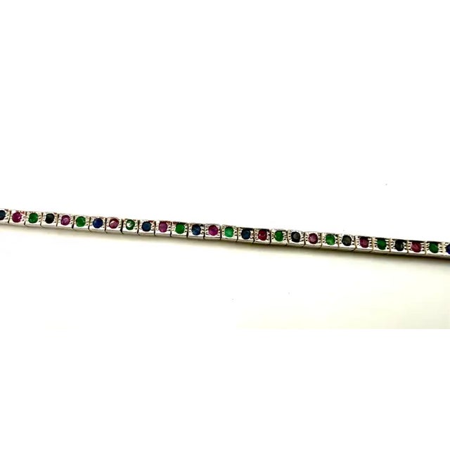 Metal Art Deco Style Sterling Silver Ruby, Emerald & Sapphire Tennis Bracelet, 9 Ct For Sale - Image 7 of 14